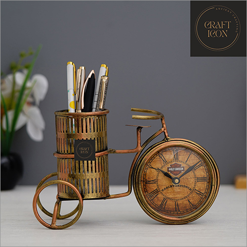 Golden Metal Cycle Clock Pen Holder