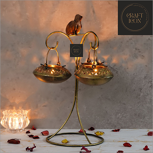 Golden Degchi With Bird Tea Light Candle Holder