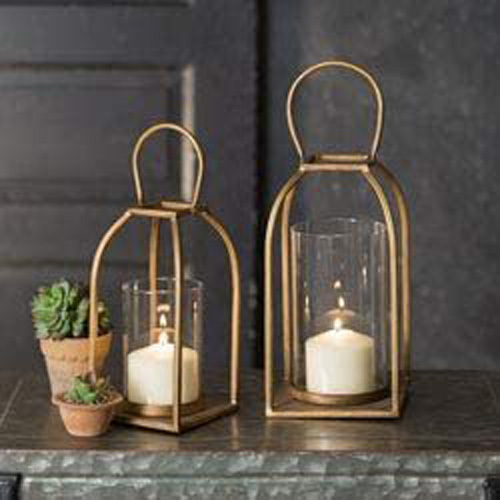 Medium And Small Golden Metal Lantern Candle Holder with Clear Glass Rustic Indoor Outdoor Light for Your Home Decor Modern