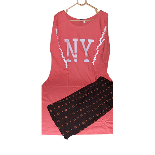 Printed Pink Round Neck Hosiery Long Nightwear