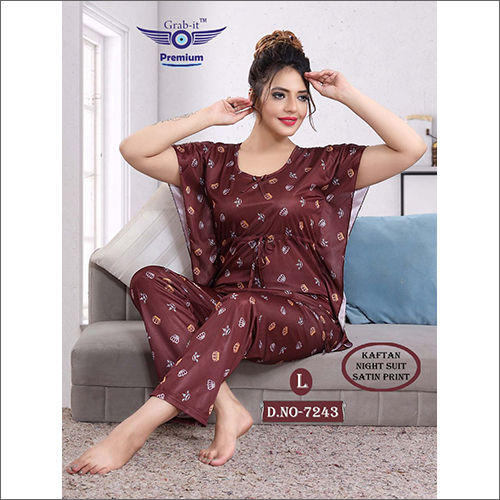 Printed Ladies Brown Satin Kaftan Night Suit