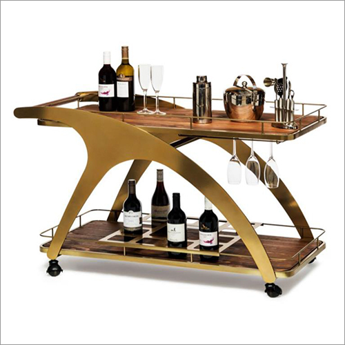 Brown Wooden Drinks Serving Trolley In Frrench Brass Colour