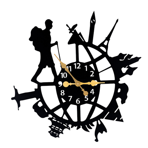 Modern Art Wanderlust Wall Clock - Wood, 482x482x2 mm | Black & Golden Design, Precision Quartz Movement, Inspirational Travel Aesthetic