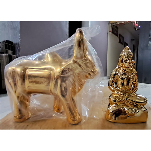 Bhagwan Shankar and Nandiji Gold Plated Decorative Ceramic Statue