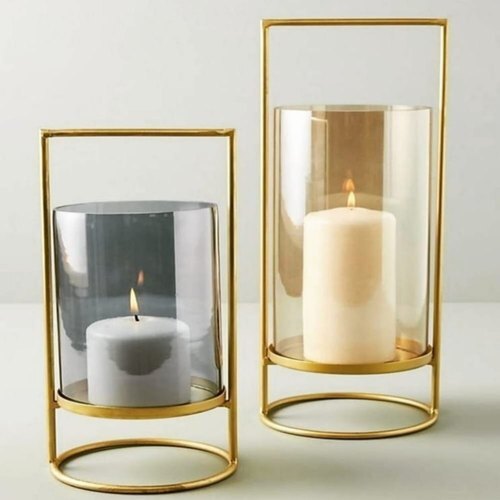 Golden Iron And Glass Decorative Hurricane Candle Holder For Decoration