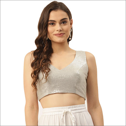 Silver V-Neck Padded Sleeveless Blouse