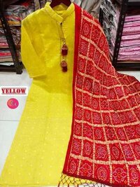 JIYA FASHIONABLE KURTI - Chanderi Cotton Kurti with Chinon Duppata Set | Size: M-38, L-40, XL-42, XXL-45, 3XL-46, Color: Yellow, 3-4th Sleeve, A-Line, Embroidered Pattern, Washable for All Seasons