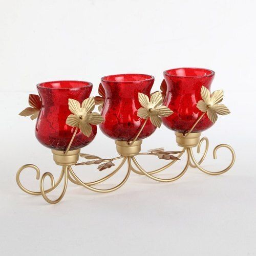 Glass Metal Tea Light Candle Holder Red Gold