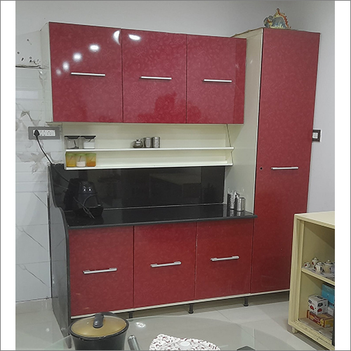 Maroon Color Modular Kitchen - Stainless Steel & Wood Modern Design with Durable Drawers and Spacious Shelves
