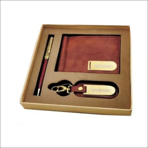 3 in 1 Corporate Gift Set - Specification Item Code CG-422 , Golden Color, Rectangular Shape, Includes 1 Pen, 1 Keychain, and 1 Purse in Box Packaging