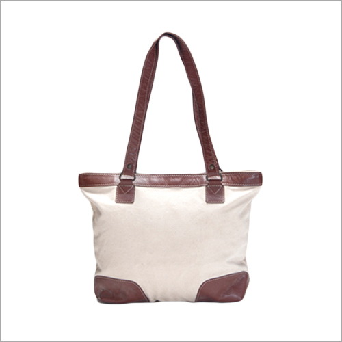 White And Brown Leather Canvas Hand Bag