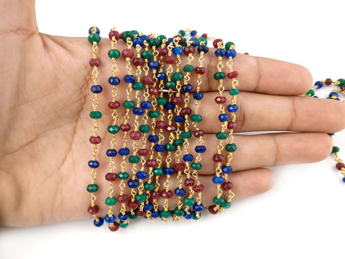 Round Multi Color Rosary Beaded 4Mm Emerald Sapphire Ruby Beaded Chain Wire Wrapped Rosary Beaded Rosary Chain Jewelry