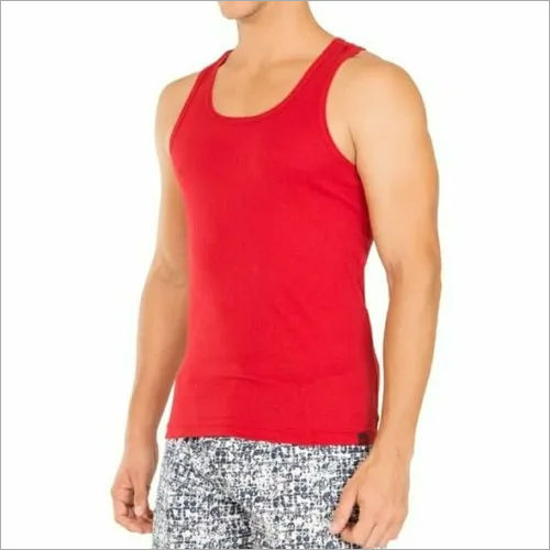 Cotton Men Red Plain Gym Vest