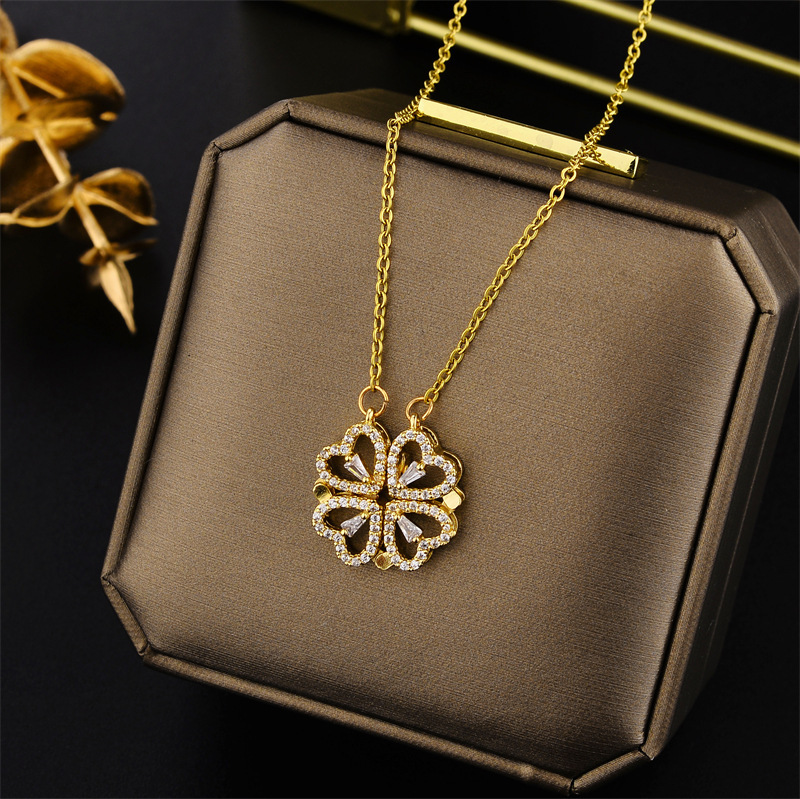 Gold-plated Two In One Magnetic Hearts Clover Pendant Necklace