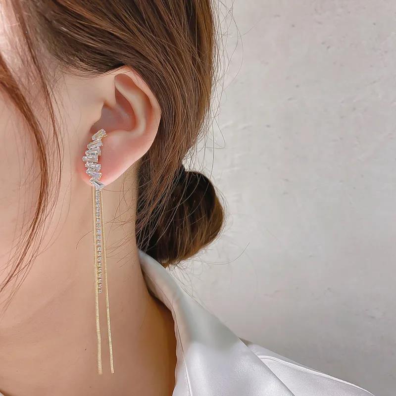 Korean Gold-plated Long Double Chain Crystal Zircon Studded Tassel Earrings 2Pcs/Set