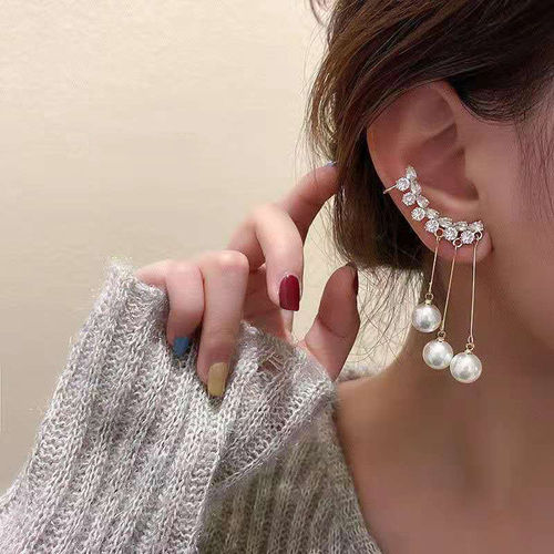 Gold-plated Zircon Studded Ear Cuff With Pearl Tassel Long Earrings Gender: Women