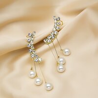 Korean Gold-plated Zircon Studded Ear Cuff With Pearl Tassel Long Earrings 2Pcs/Set