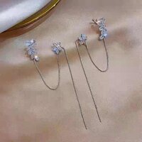 Korean Silver-plated Floral Stone Studded Ear Cuff With Long Chain Threader Earrings 2Pcs/Set