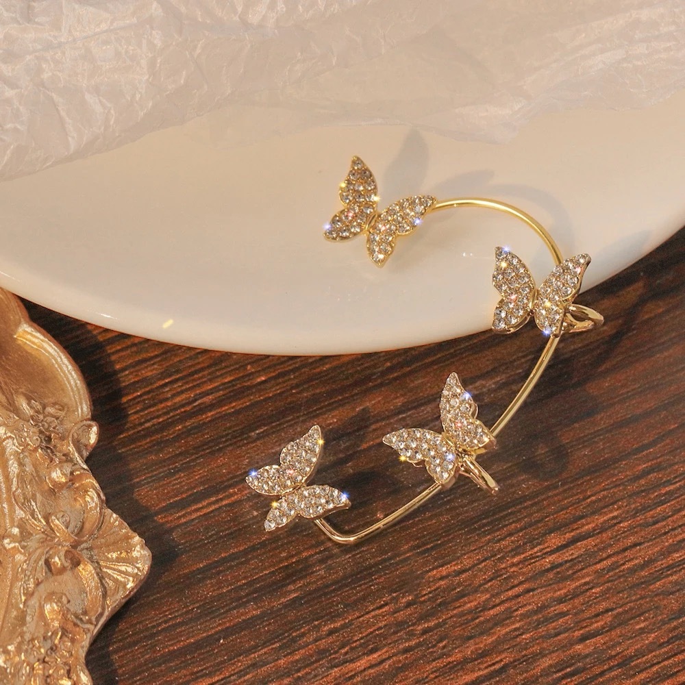 Korean Gold-plated No Piercing Zircon Butterfly Wrap Crawler Ear Cuff Earrings 2Pcs/Set