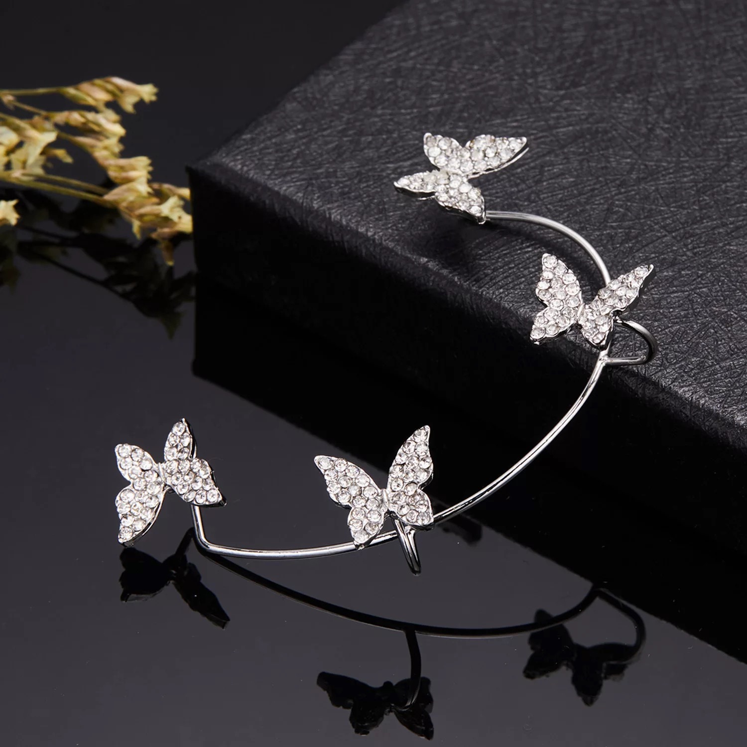 Korean Silver-plated No Piercing Zircon Butterfly Wrap Crawler Ear Cuff Earrings 2Pcs/Set