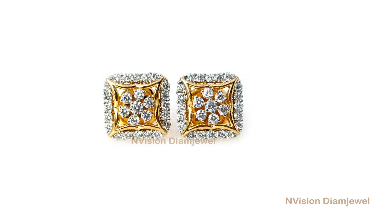 Yellow Gold Natural Diamond Square Earrings