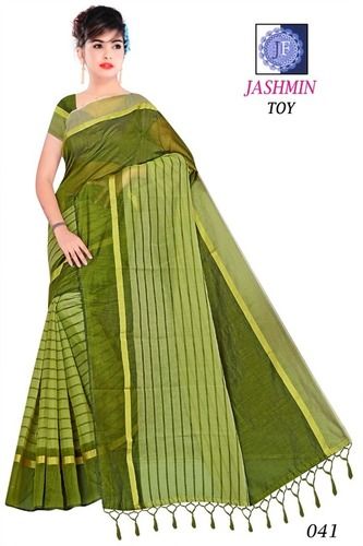 Green Jashmin-cotton Saree With Hanging And Blouse