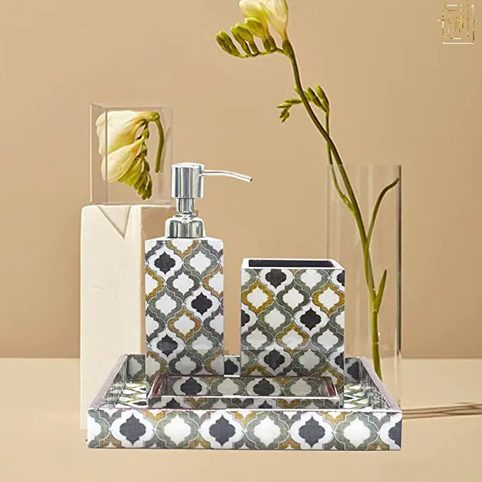 Wooden Base Bathroom Accessory Set