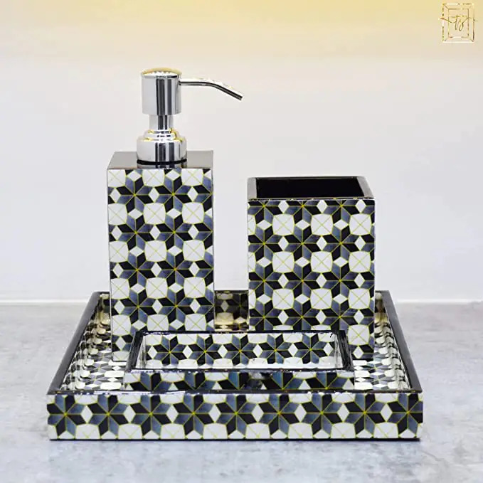 Wooden Base Bathroom Accessory Set