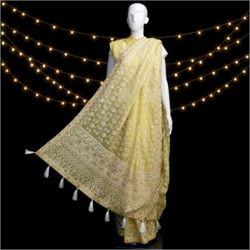 Chikankari Saree Blouse Designs Yellow Colour| Buy Online Chikankari Saree