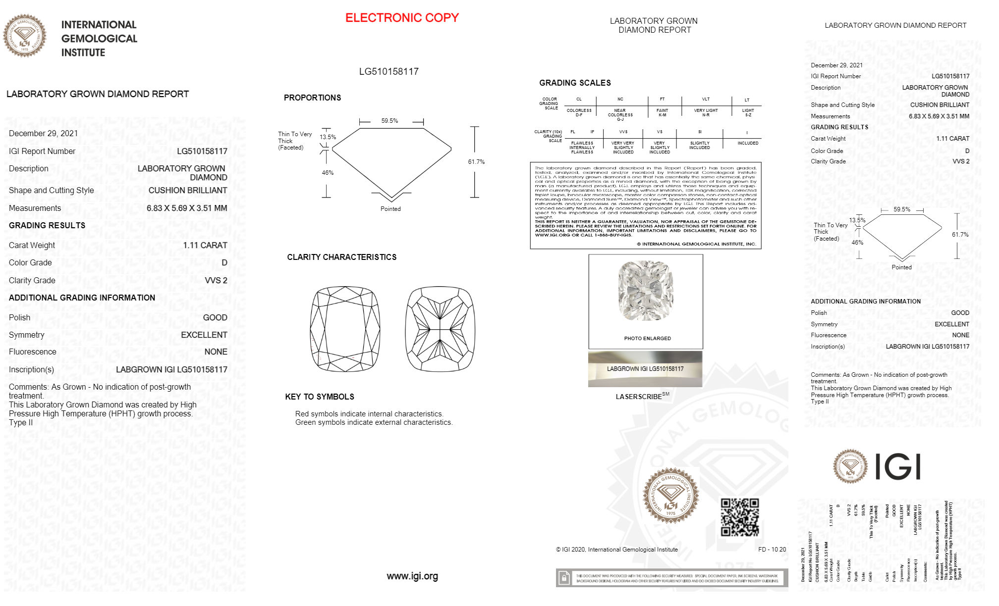 Cushion 1.11ct D VVS2 IGI Certified HPHT Lab Grown Diamond EC2412