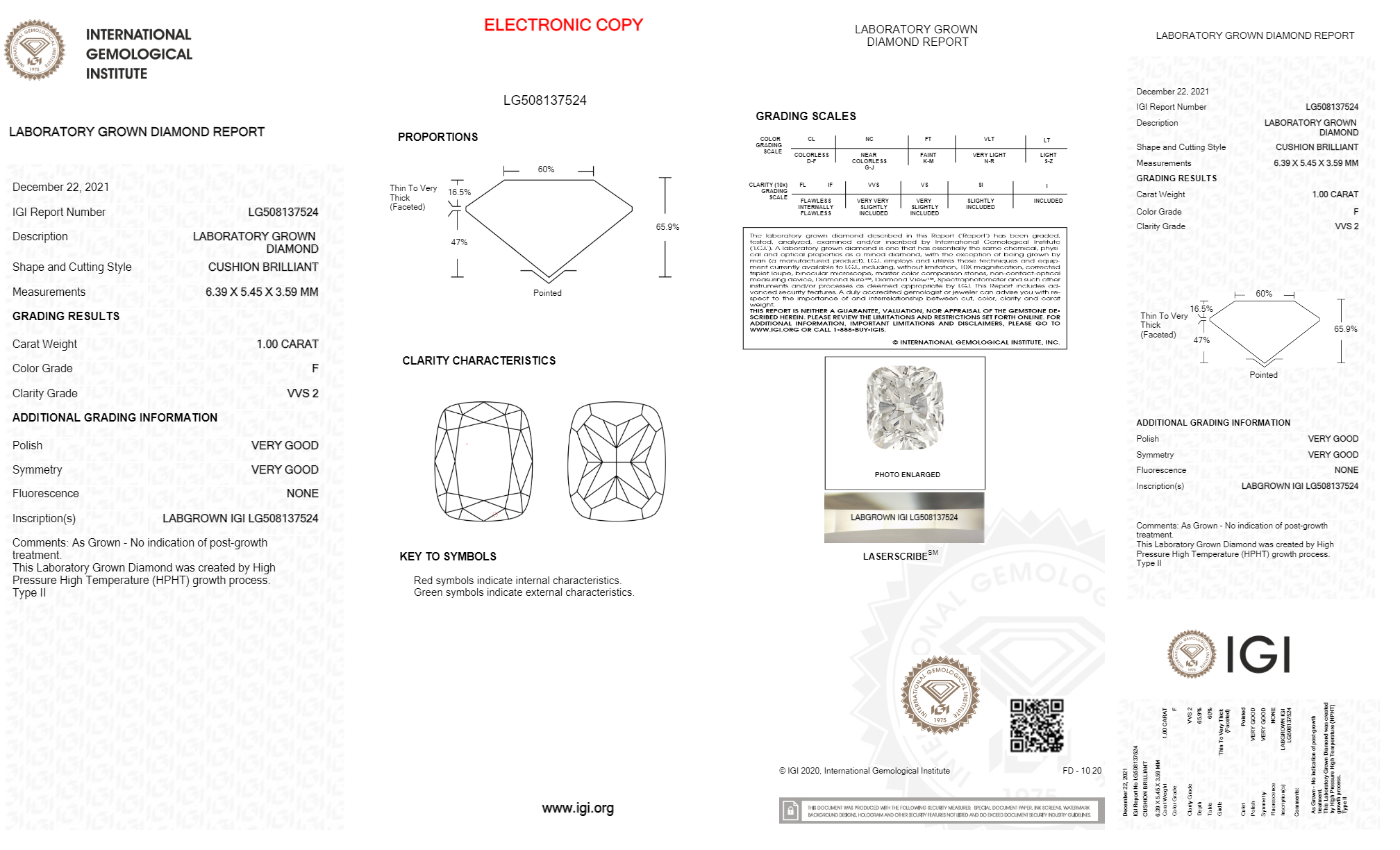 Cushion 1.00ct F VVS2 IGI Certified HPHT Lab Grown Diamond EC2328