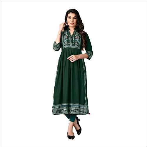 Washable Ladies Printed Green Kurti