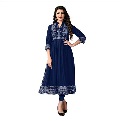 Ladies Printed Blue Kurti Length: 46 Inch (In)