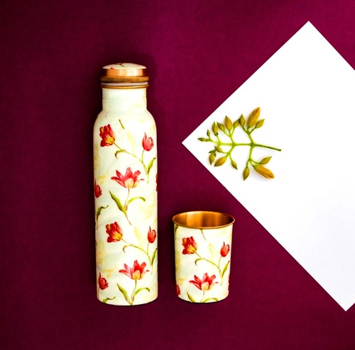 COPPER FLOWER PRINT ENAMEL BOTTLE