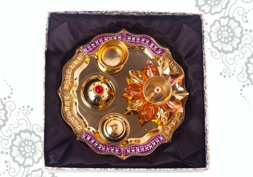 BRASS POOJA THALI SET - Golden Polish Finish, Indian Religious Style for Hinduism | Elegant Design to Enhance Spiritual Gatherings