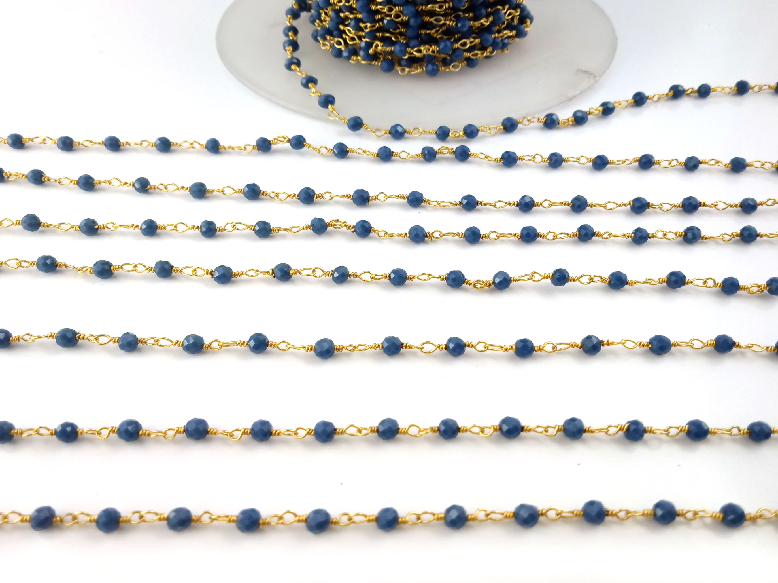 Sapphire Quartz Beaded Chain 3mm Wire Wrapped Rosary - Blue Sapphire Rosary Beaded Rosary Chain - Beaded Chain Jewelry