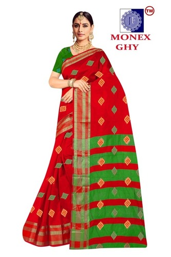 Red And Green Cotton Silk Saree