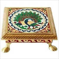 Modern Golden Meenakari Chowki - Wood, Brown | Gold Painted Finish, Durable & Eco-friendly Design