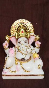 Marble Ganesh Ji Sculpture - 14" H X 10" L X 8" W | Handcrafted White Marble, Glossy Finish, Vibrant Colors, Traditional Indian Style