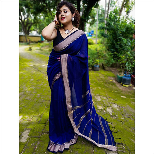 Blue Ladies Terchi Design Border Khadi Cotton Saree