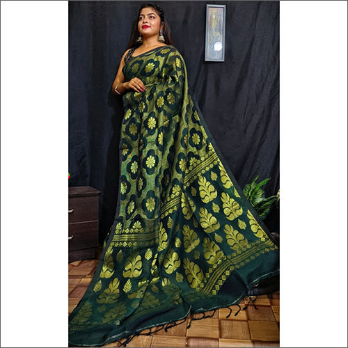 Black Linen Jamdani Saree - Angoshobha - 3657815