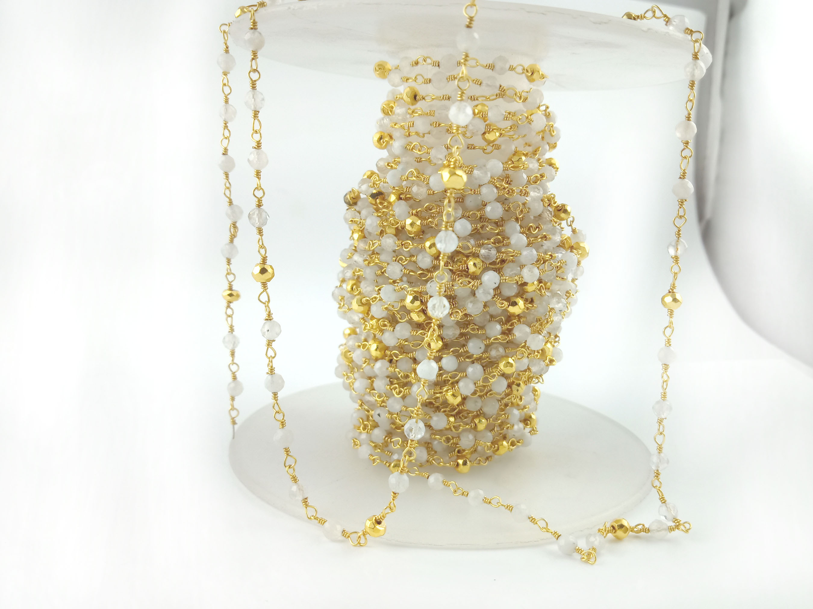 Moonstone Chain Beaded Handmade Jewelry Stone Size 3mm Gemstone Jewelry Gold Pyrite Bead Rosary Gold Plating Chain