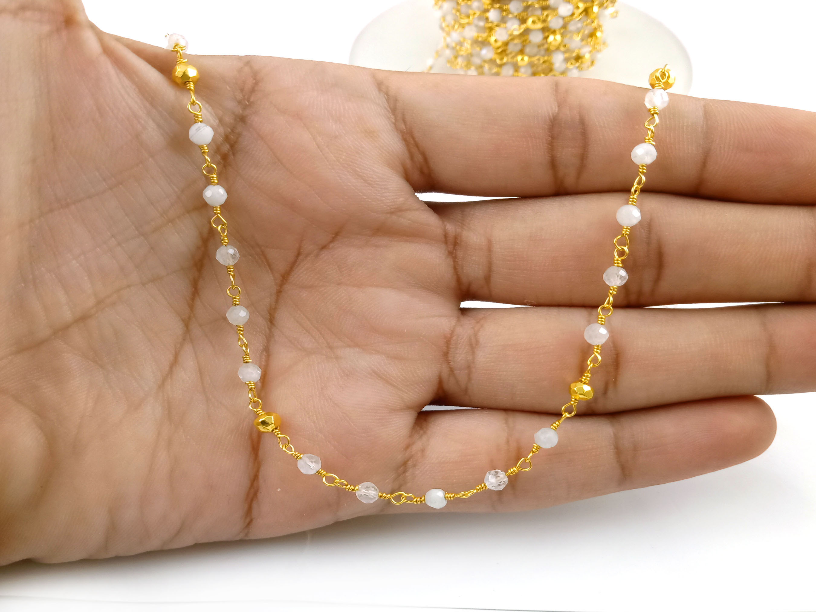 Moonstone Chain Beaded Handmade Jewelry Stone Size 3mm Gemstone Jewelry Gold Pyrite Bead Rosary Gold Plating Chain