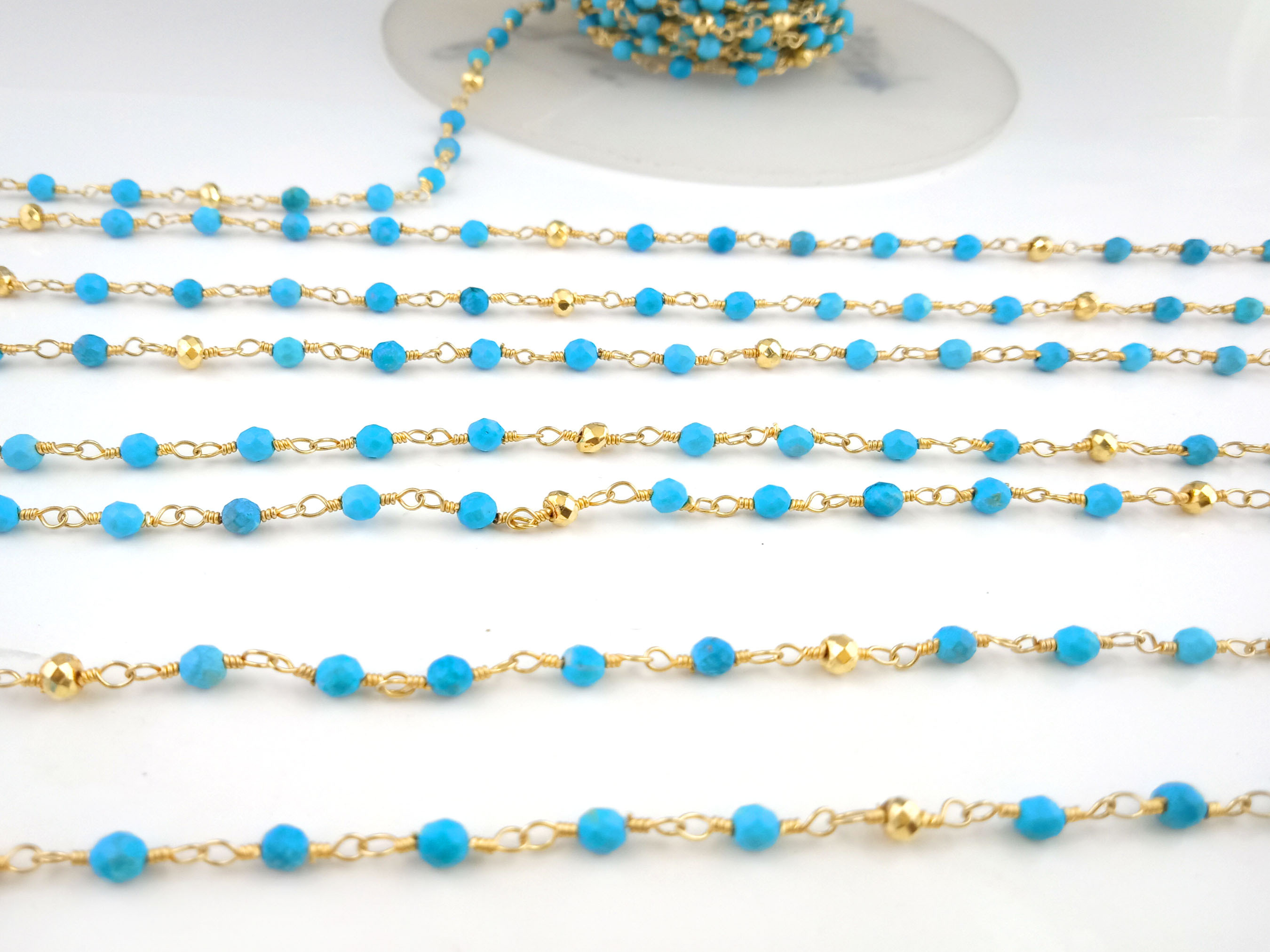 Turquoise Gold Pyrite Chain Handmade Beaded Jewelry Stone Size 3mm Gemstone Jewelry Gold Pyrite Bead Rosary Chain