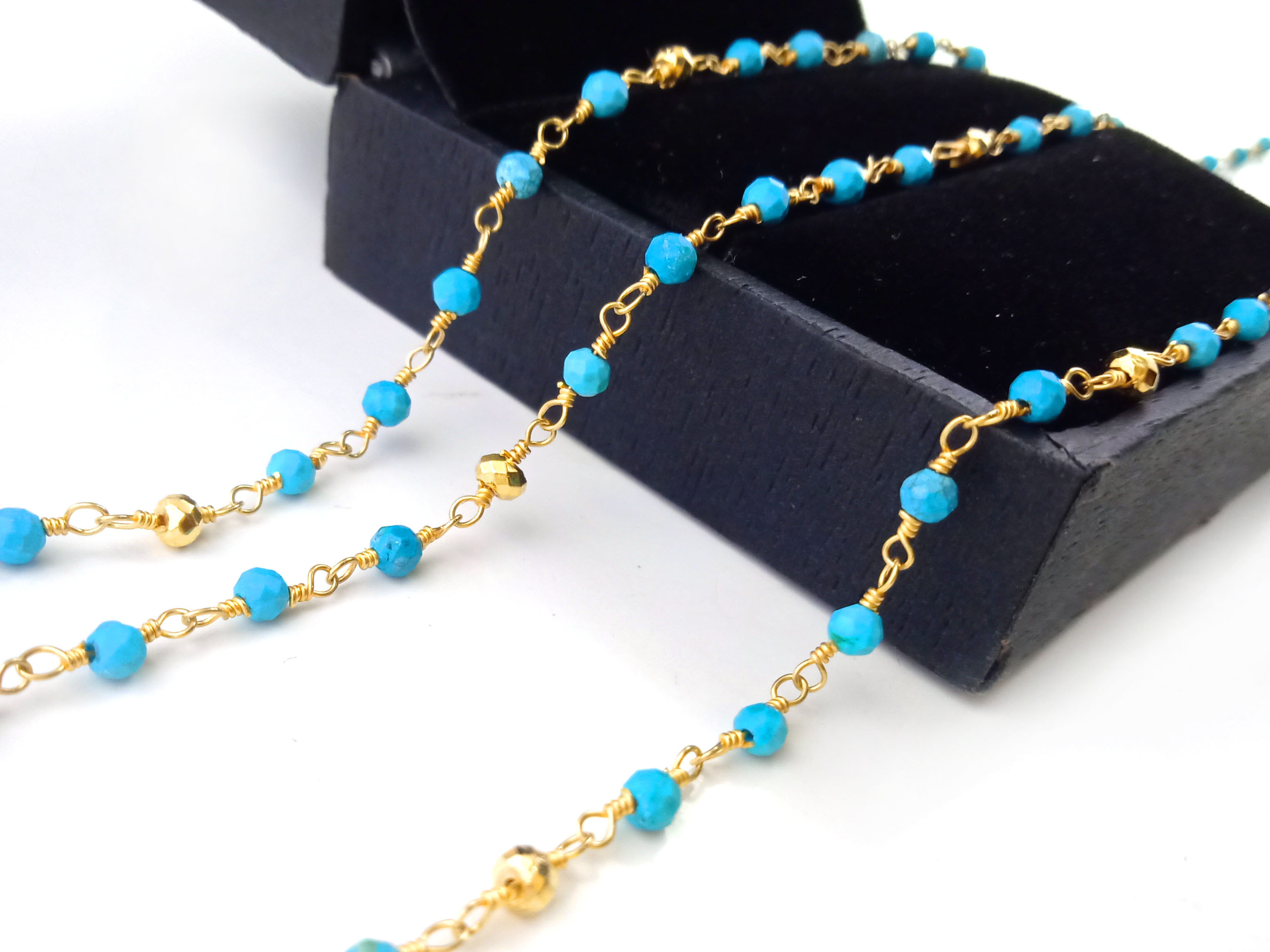 Turquoise Gold Pyrite Chain Handmade Beaded Jewelry Stone Size 3mm Gemstone Jewelry Gold Pyrite Bead Rosary Chain