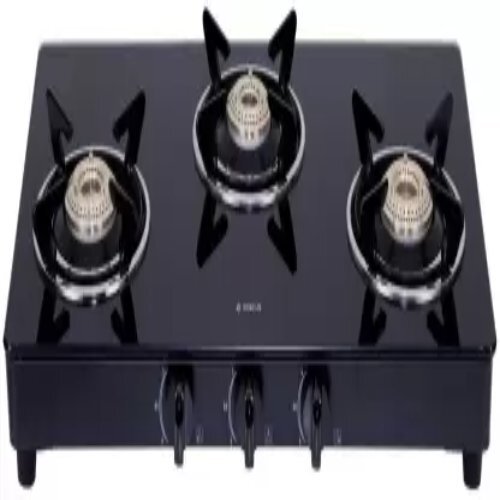 Elica Vetro Glass Top - 3 Burner Gas Stove | Toughened Glass, Stainless Steel Support, Heavy Brass Burners, Durable Black Finish