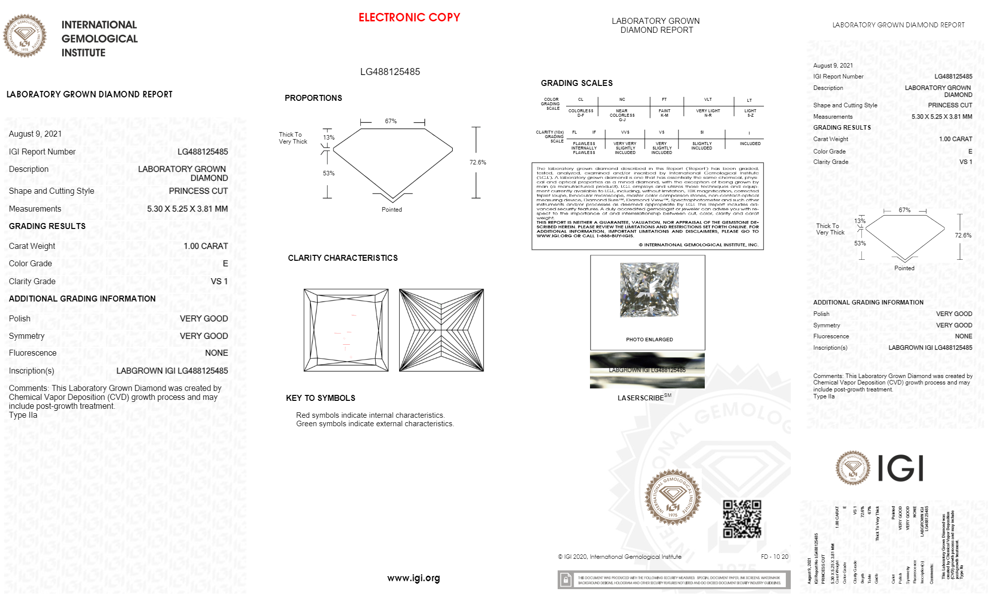 PRINCESS 1ct E VS1 IGI Certified CVD Lab Grown Diamond EC1904