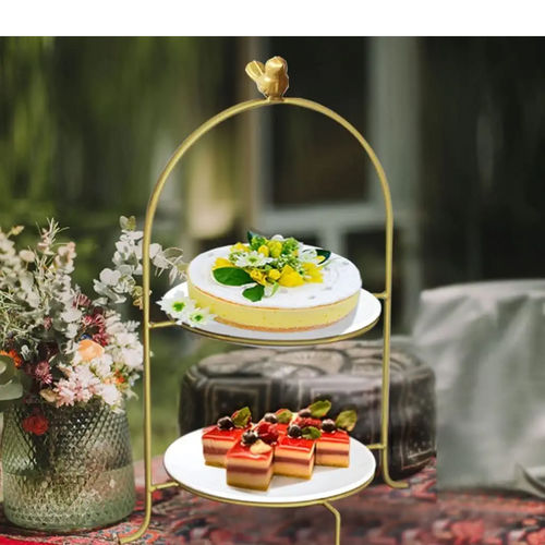 2 Tire Cake Stand  White Color and Golden Material Metal  Round Shape