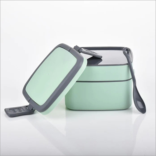 2837A Green Double-layer Portable Lunch Box Stackable With Carrying Handle And Spoon Lunch Box