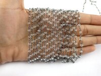 Crystal Quartz Rosary Chain Gunmetal Plating Size 3mm Wire Wrapped Gemstone Jewelry Crystal Quartz Bead Rosary